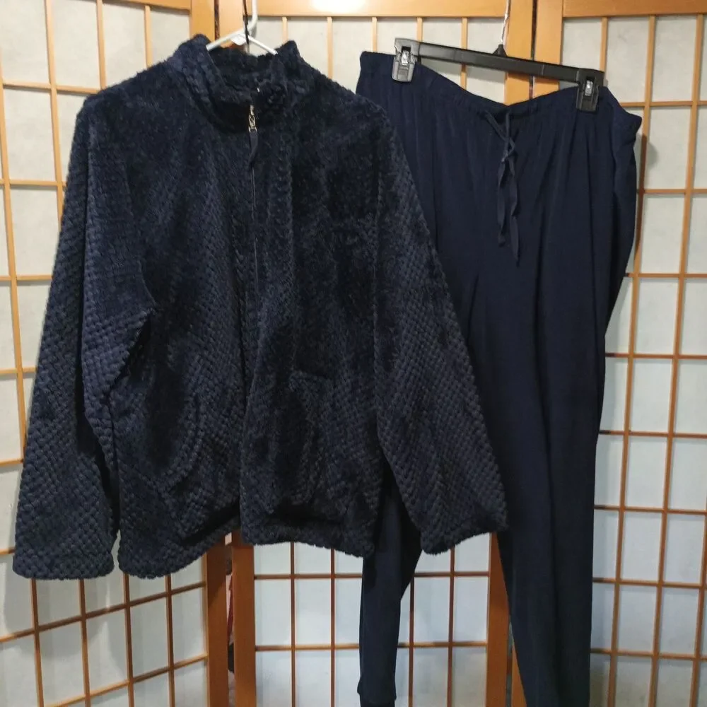 Cuddl Duds Plush Fleece Lounge Set XL Navy Zip Jacket Pants Soft Cozy Pajamas